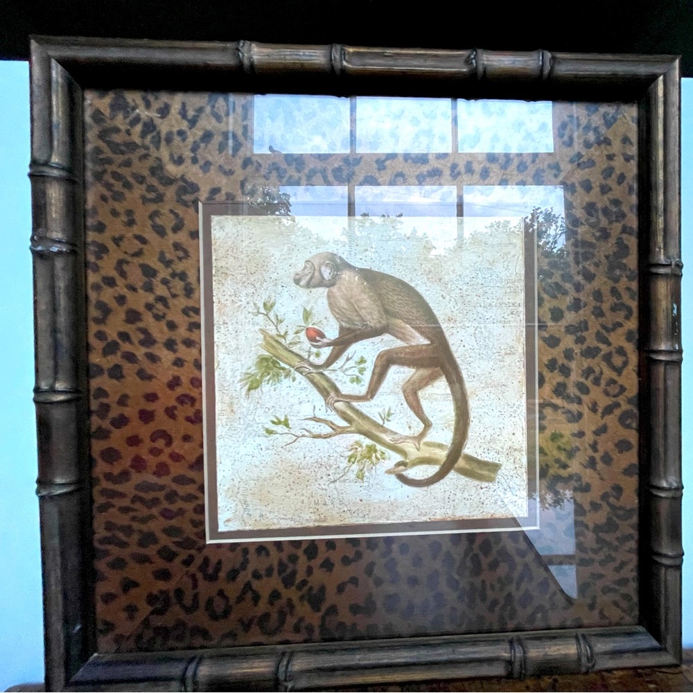 Framed Monkey Print w leopard print mat & bamboo frame.
